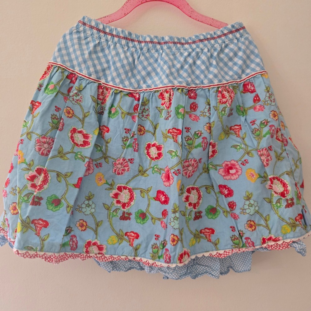 Oilily Girls Floral Gingham Tiered Skirt Blue Pink Cotton Ruffle Hem Size 7Y